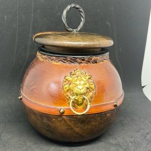 Vintage Italian leather covered ginger jar canister with lion head